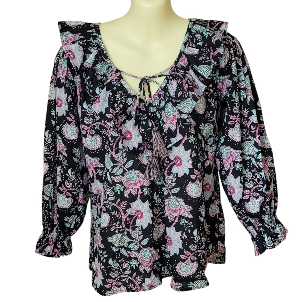 Mille Resort & Travel Floral Boho Peasant Top - Navy, Pink & Mint SZ XXS 👀